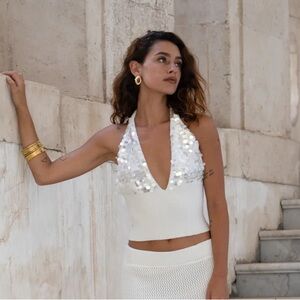 12th Tribe White Sequin Halter Crop Top